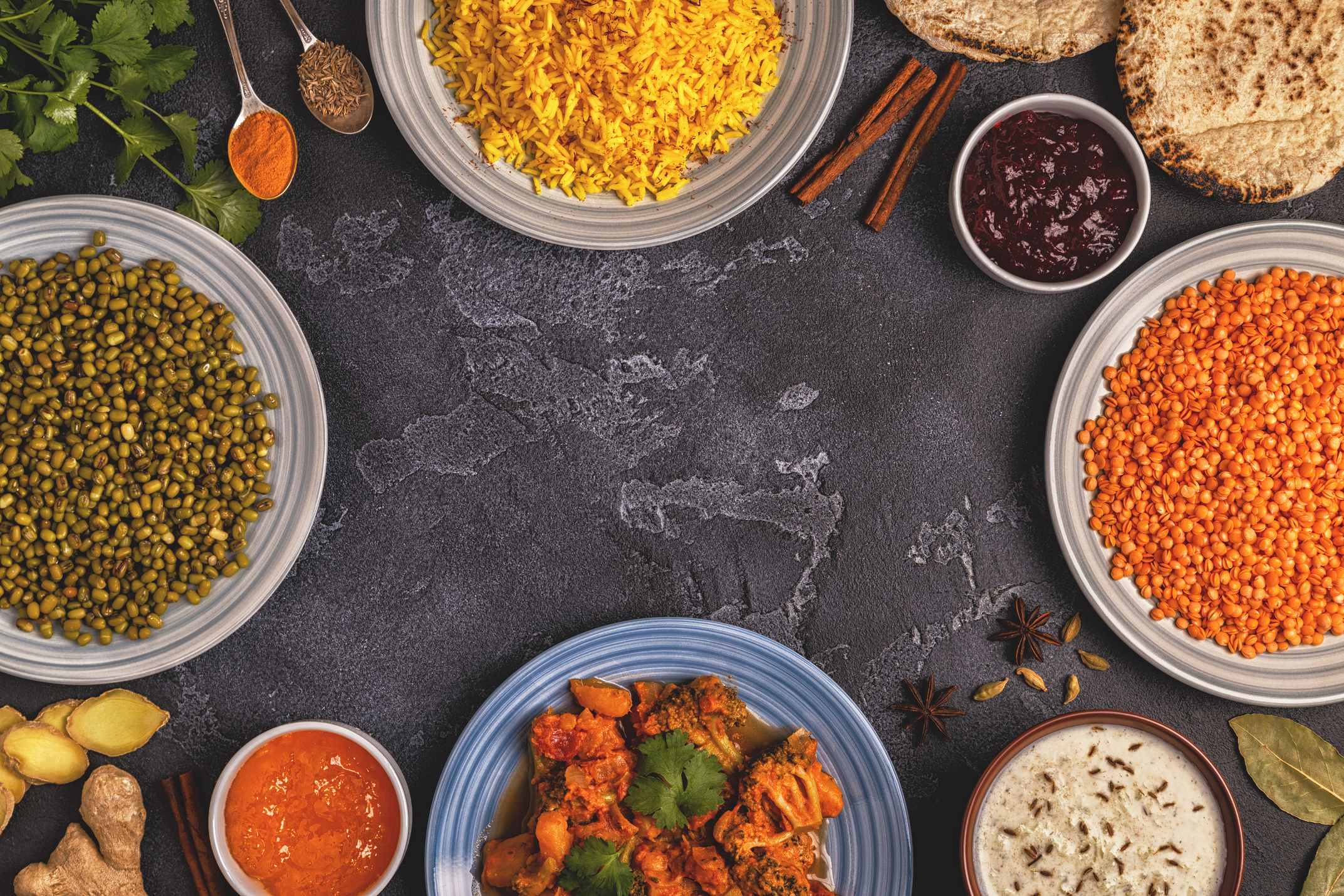 Traditional Indian curry with rice, lentils and mung beans.